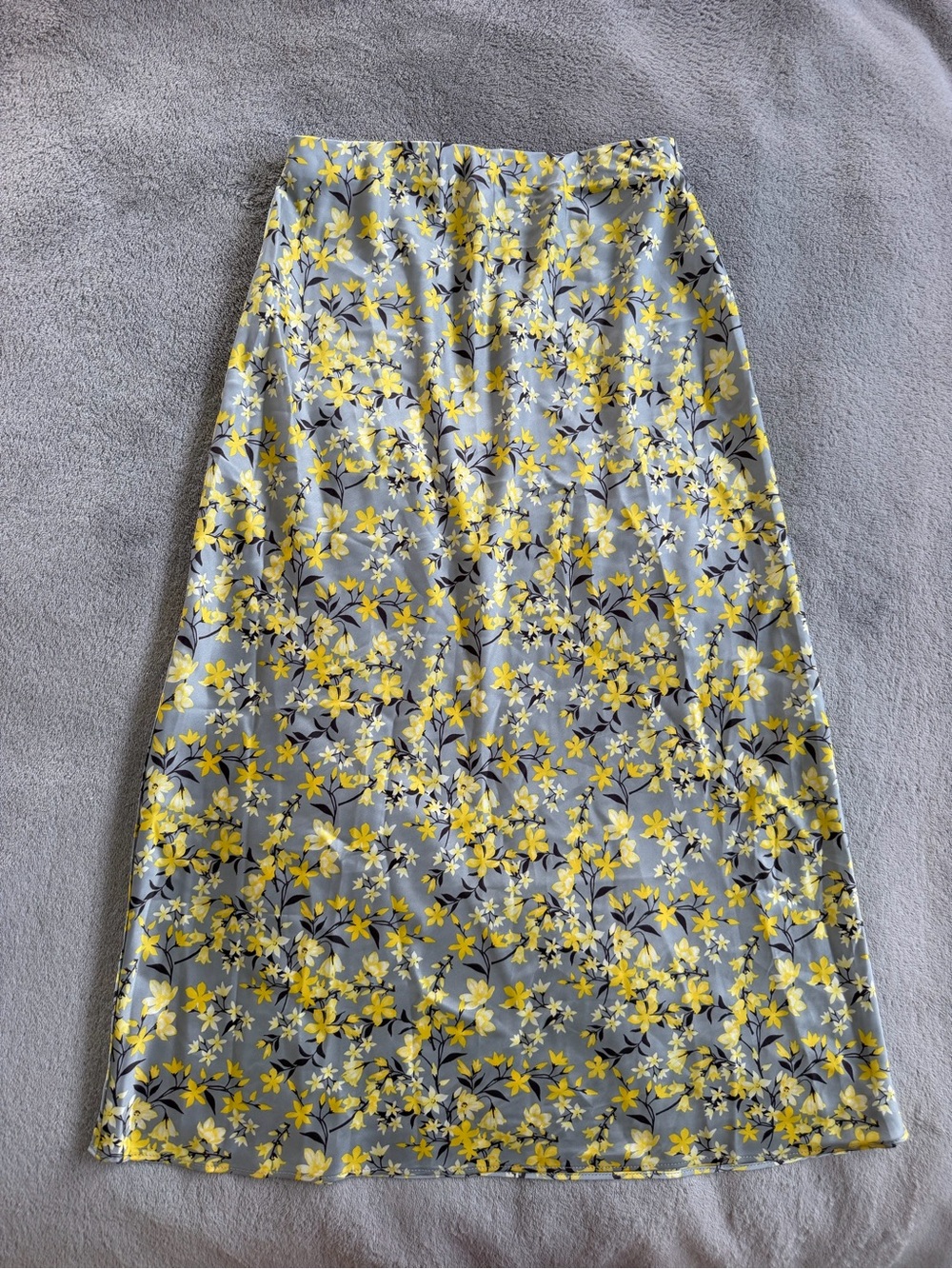Gray & Yellow Floral Satin A-Line Midi Skirt Size S